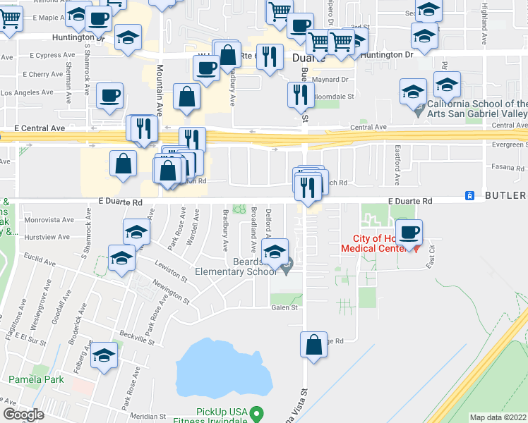 map of restaurants, bars, coffee shops, grocery stores, and more near 1815 Delford Avenue in Duarte