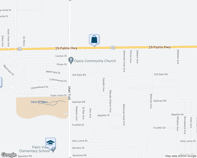 map of restaurants, bars, coffee shops, grocery stores, and more near 6727 Araby Avenue in Twentynine Palms