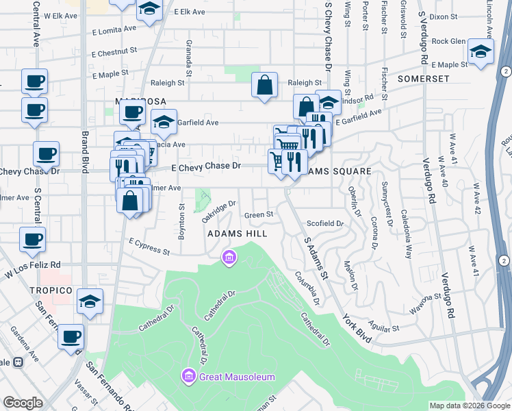 map of restaurants, bars, coffee shops, grocery stores, and more near 1222 Reynolds Drive in Glendale