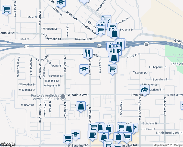 map of restaurants, bars, coffee shops, grocery stores, and more near 1750 North Willow Avenue in Rialto