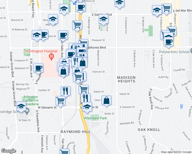 map of restaurants, bars, coffee shops, grocery stores, and more near 815 Magnolia Avenue in Pasadena