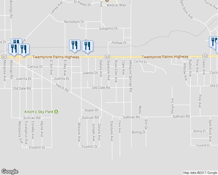 map of restaurants, bars, coffee shops, grocery stores, and more near Stardune Avenue in Twentynine Palms