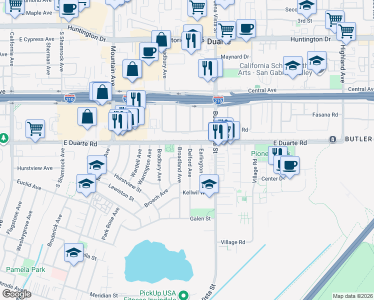 map of restaurants, bars, coffee shops, grocery stores, and more near 1815 Delford Avenue in Duarte