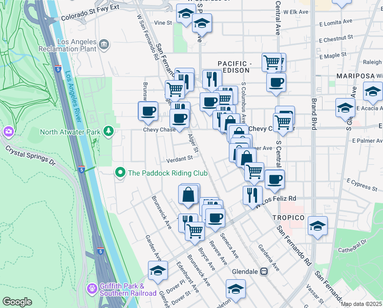 map of restaurants, bars, coffee shops, grocery stores, and more near 4220 Verdant St in Los Angeles