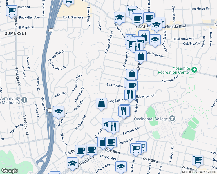 map of restaurants, bars, coffee shops, grocery stores, and more near 2346 Las Colinas Avenue in Los Angeles