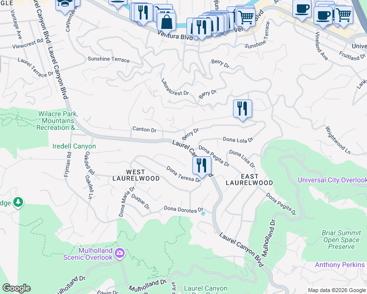 map of restaurants, bars, coffee shops, grocery stores, and more near 3191 Laurel Canyon Boulevard in Los Angeles