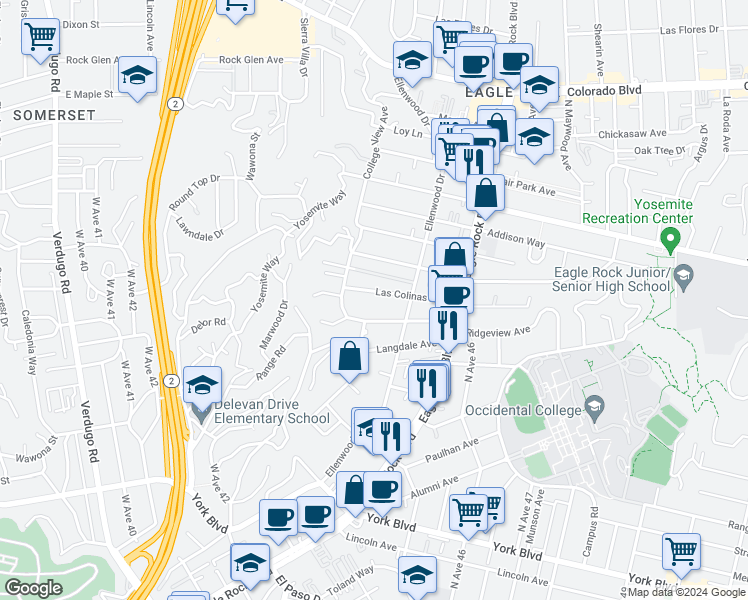 map of restaurants, bars, coffee shops, grocery stores, and more near 2346 Las Colinas Avenue in Los Angeles