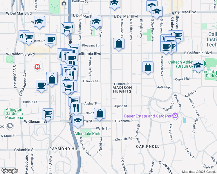 map of restaurants, bars, coffee shops, grocery stores, and more near 855 South Los Robles Avenue in Pasadena