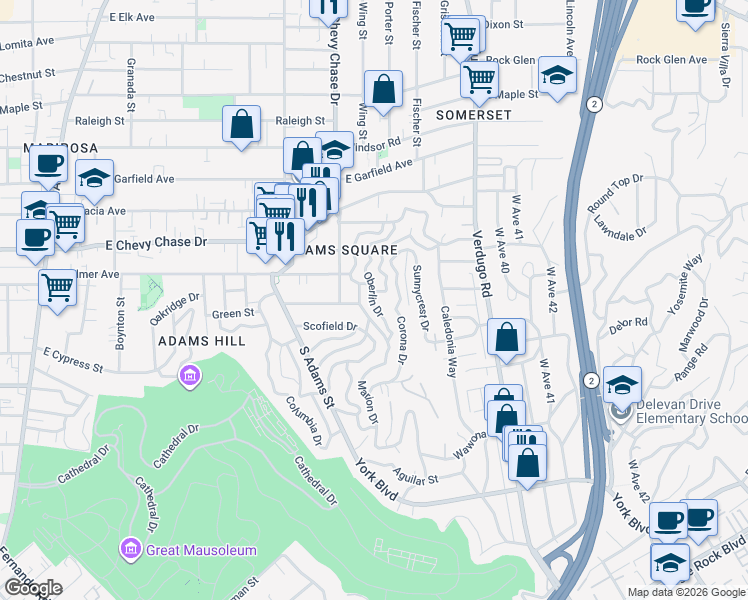 map of restaurants, bars, coffee shops, grocery stores, and more near 1224 Oberlin Drive in Glendale
