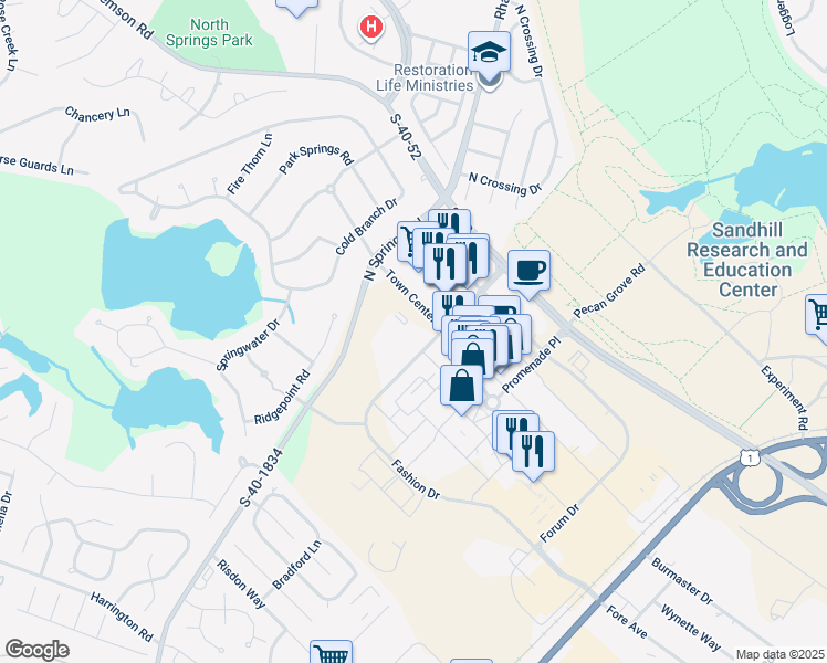 map of restaurants, bars, coffee shops, grocery stores, and more near 440 Town Center Place in Columbia