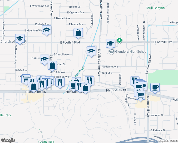 map of restaurants, bars, coffee shops, grocery stores, and more near 1422 Lawford Street East in Glendora