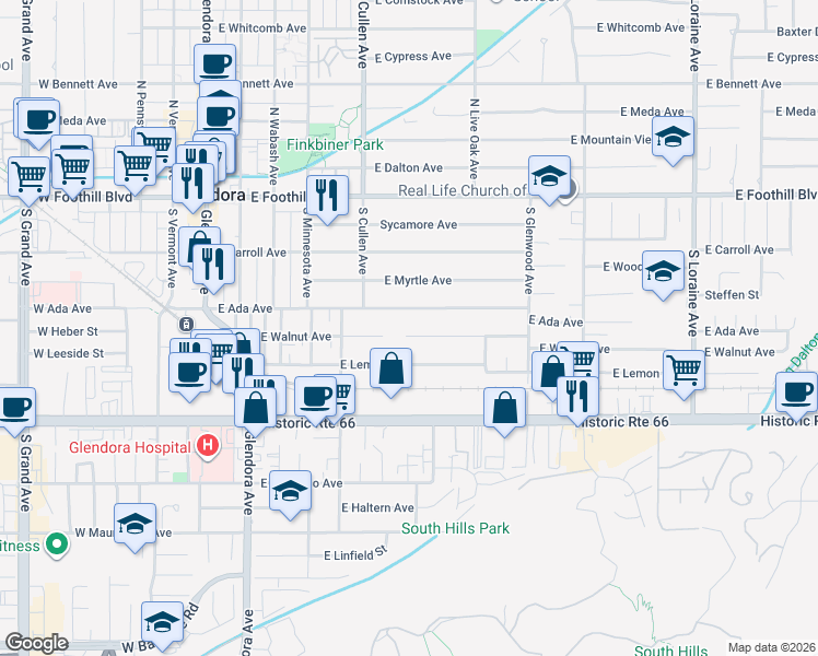 map of restaurants, bars, coffee shops, grocery stores, and more near 549 East Walnut Avenue in Glendora