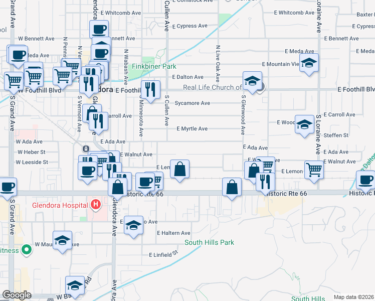 map of restaurants, bars, coffee shops, grocery stores, and more near 549 East Walnut Avenue in Glendora