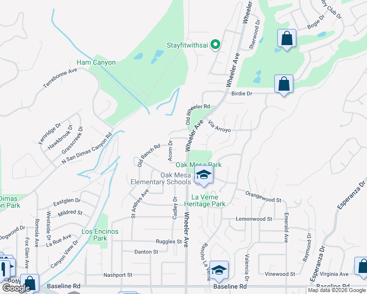 map of restaurants, bars, coffee shops, grocery stores, and more near 5315 Wheeler Avenue in La Verne