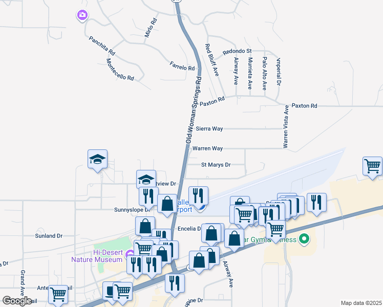 map of restaurants, bars, coffee shops, grocery stores, and more near Warren Way in Yucca Valley