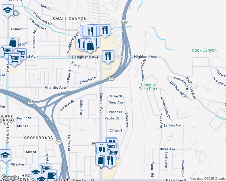 map of restaurants, bars, coffee shops, grocery stores, and more near 27981 Atlantic Avenue in Highland