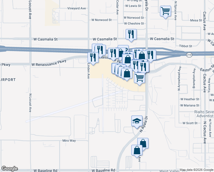 map of restaurants, bars, coffee shops, grocery stores, and more near 1335 West Renaissance Parkway in Rialto