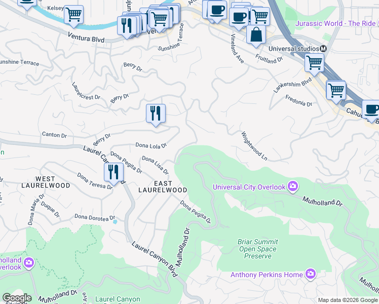 map of restaurants, bars, coffee shops, grocery stores, and more near 3268 Wrightwood Drive in Los Angeles