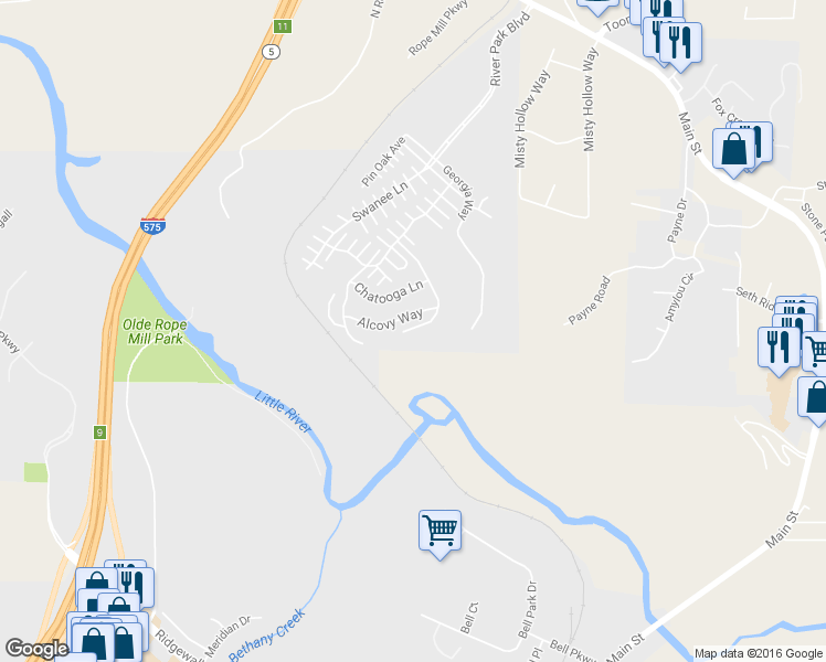 map of restaurants, bars, coffee shops, grocery stores, and more near 506 Tallapoosa Trail in Woodstock