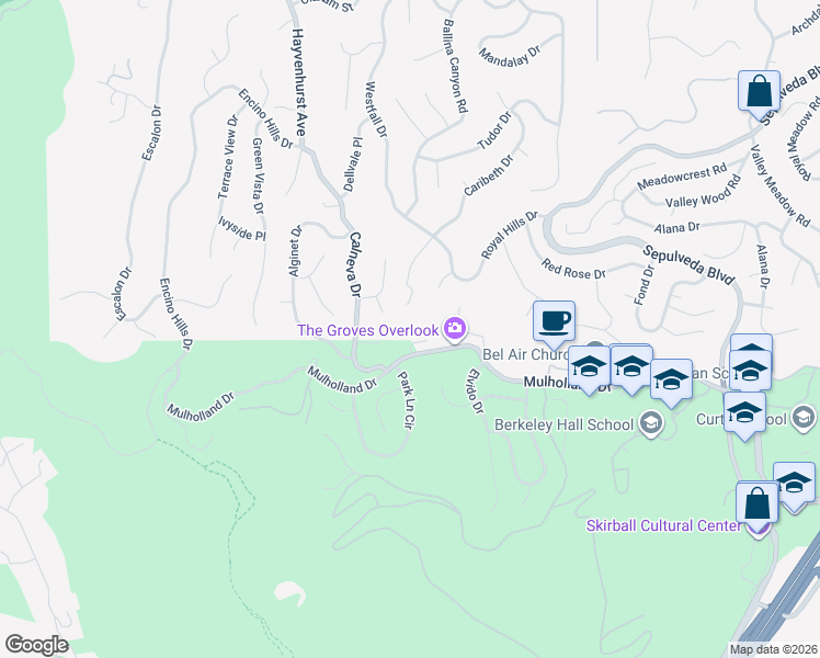 map of restaurants, bars, coffee shops, grocery stores, and more near 16501 Mulholland Drive in Los Angeles