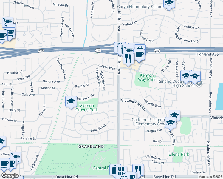 map of restaurants, bars, coffee shops, grocery stores, and more near 11280 Bethany Drive in Rancho Cucamonga