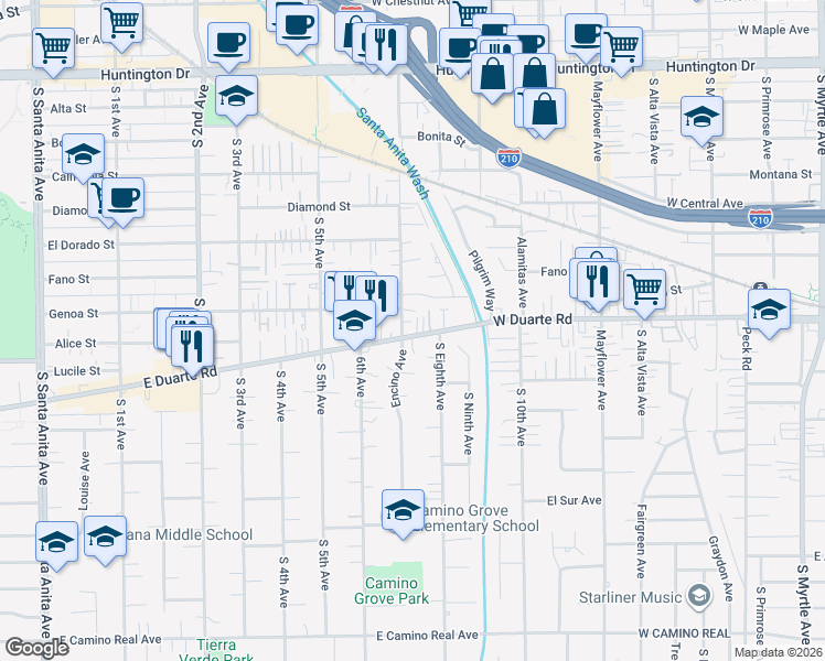 map of restaurants, bars, coffee shops, grocery stores, and more near 1808 Encino Avenue in Monrovia