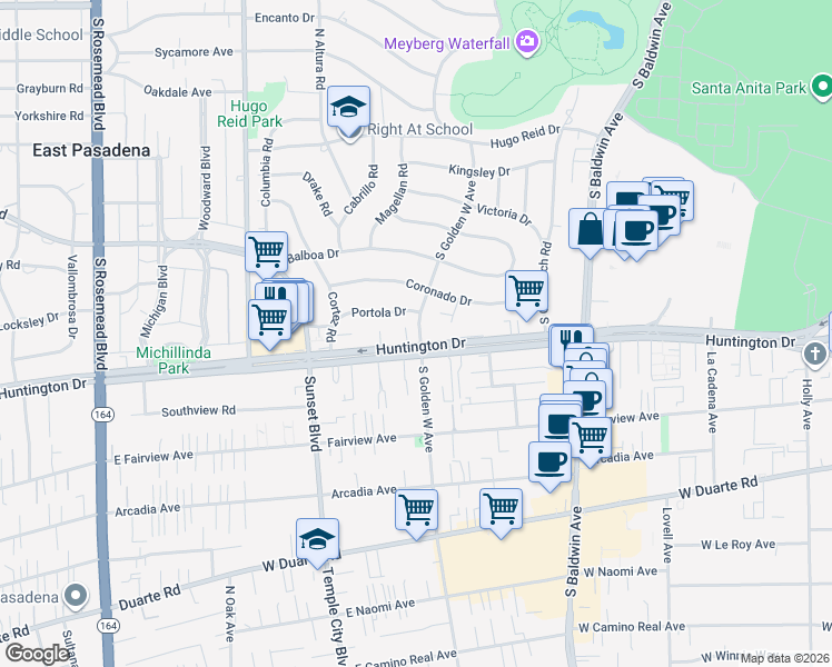 map of restaurants, bars, coffee shops, grocery stores, and more near 726 Golden West Avenue in Arcadia
