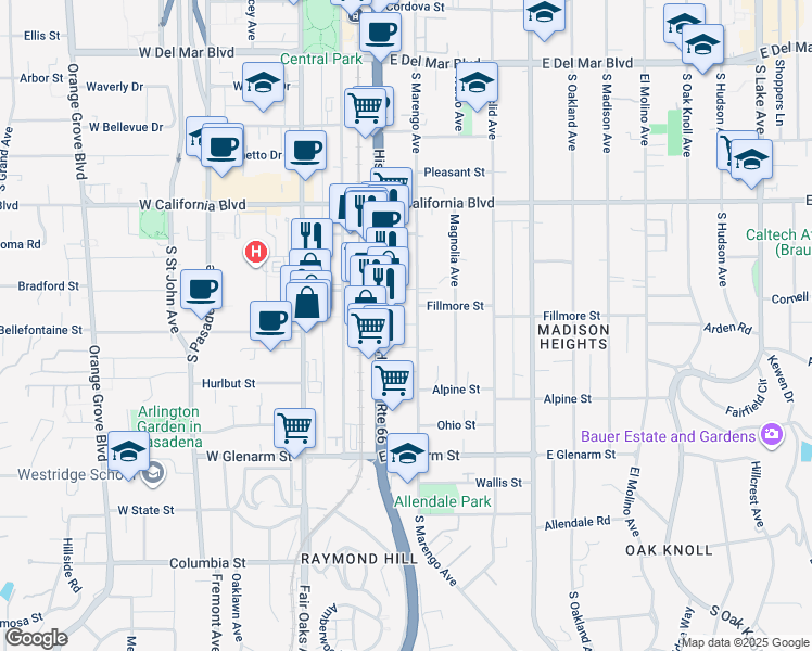 map of restaurants, bars, coffee shops, grocery stores, and more near 773 South Marengo Avenue in Pasadena