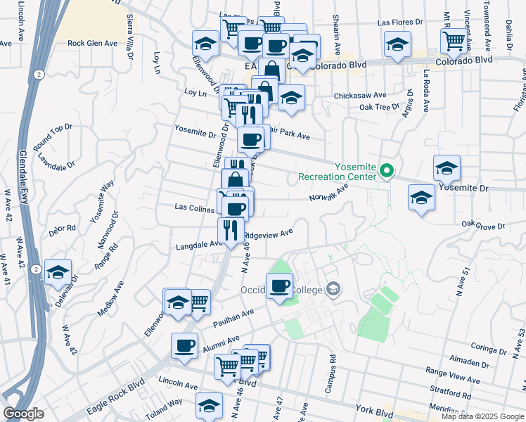 map of restaurants, bars, coffee shops, grocery stores, and more near 2133 Norwalk Avenue in Los Angeles