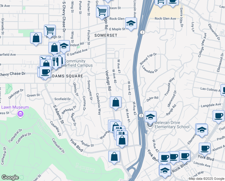 map of restaurants, bars, coffee shops, grocery stores, and more near 4508 Verdugo Road in Los Angeles