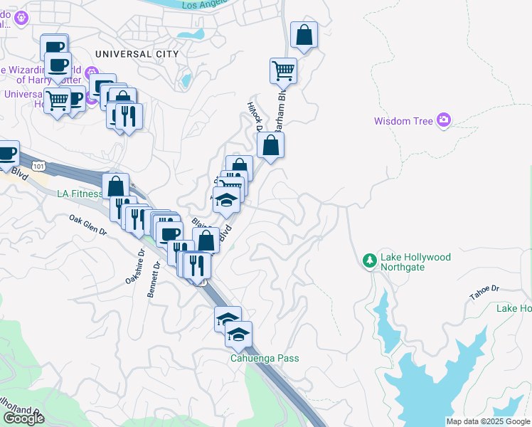 map of restaurants, bars, coffee shops, grocery stores, and more near 3177 Lake Hollywood Drive in Los Angeles