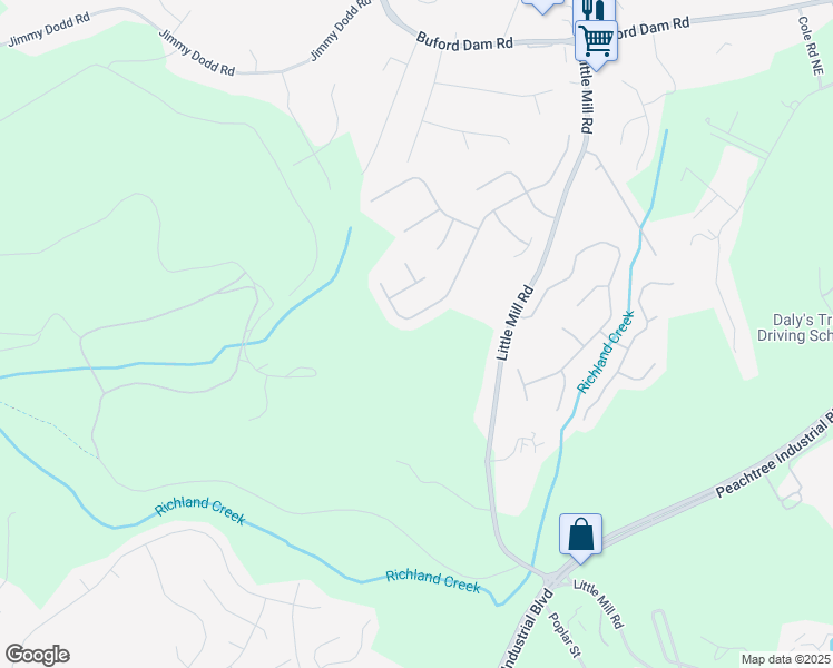 map of restaurants, bars, coffee shops, grocery stores, and more near 1710 Patrick Mill Place Northeast in Buford