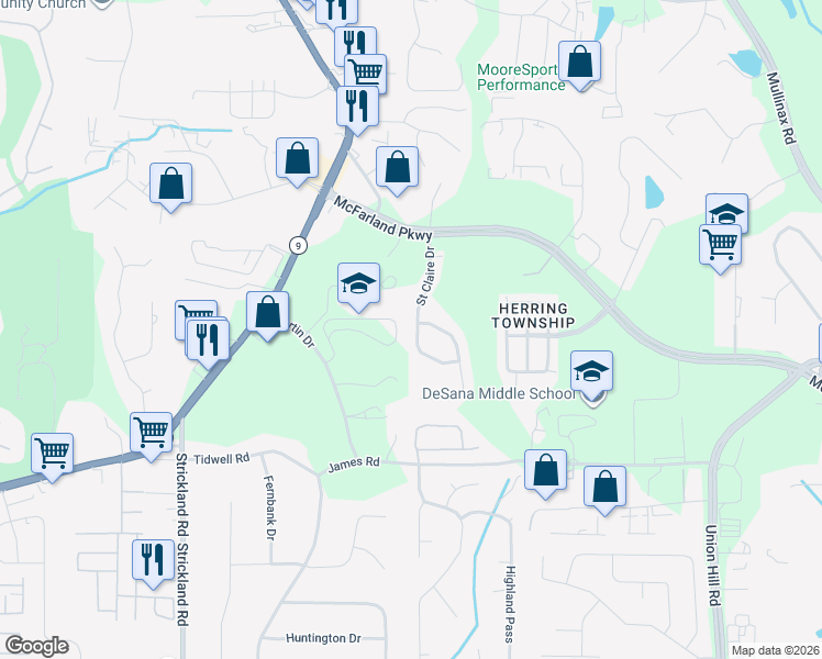 map of restaurants, bars, coffee shops, grocery stores, and more near 340 Saint Claire Drive in Alpharetta