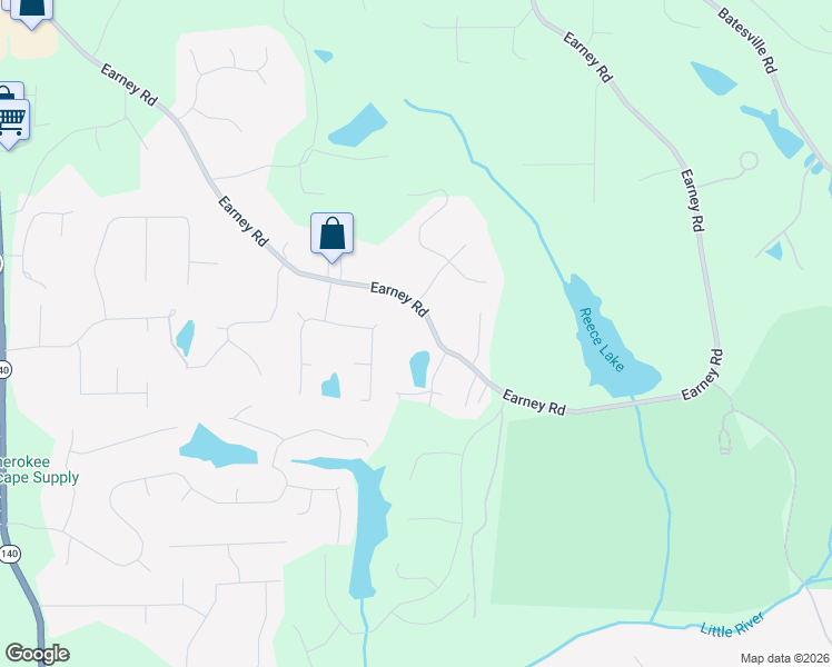 map of restaurants, bars, coffee shops, grocery stores, and more near 4229 Earney Road in Woodstock