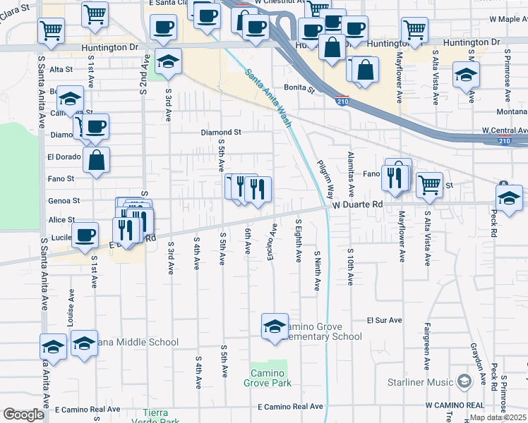 map of restaurants, bars, coffee shops, grocery stores, and more near 849 West Duarte Road in Monrovia