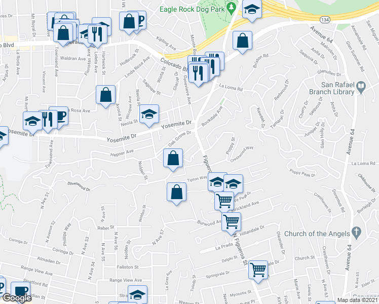 map of restaurants, bars, coffee shops, grocery stores, and more near 6020 Eucalyptus Lane in Los Angeles