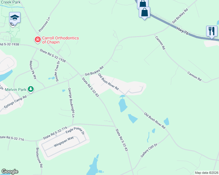 map of restaurants, bars, coffee shops, grocery stores, and more near 547 Old Bush River Road in Chapin