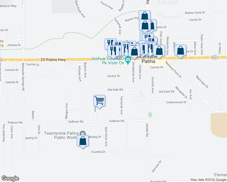 map of restaurants, bars, coffee shops, grocery stores, and more near 73485 Old Dale Road in Twentynine Palms