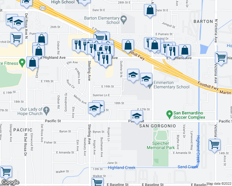 map of restaurants, bars, coffee shops, grocery stores, and more near 2168 Sunrise Lane East in San Bernardino