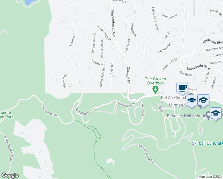 map of restaurants, bars, coffee shops, grocery stores, and more near 3401 Alginet Drive in Los Angeles