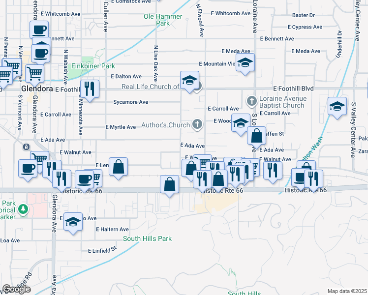 map of restaurants, bars, coffee shops, grocery stores, and more near 330 South Glenwood Avenue in Glendora