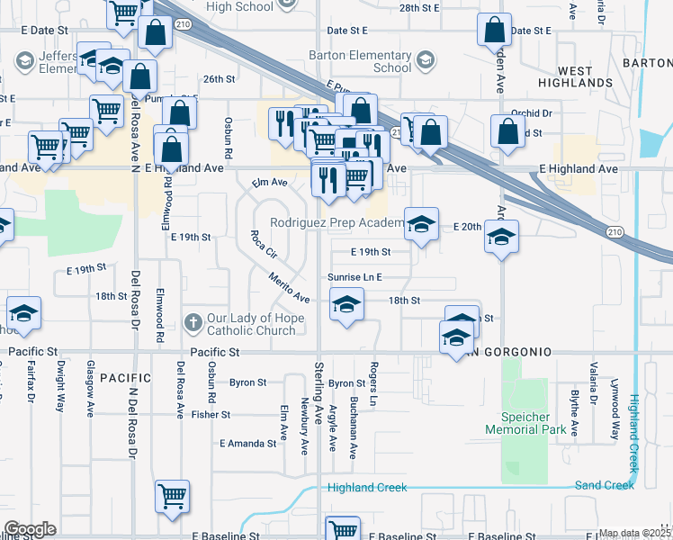 map of restaurants, bars, coffee shops, grocery stores, and more near 2024 East Sunrise Lane in San Bernardino