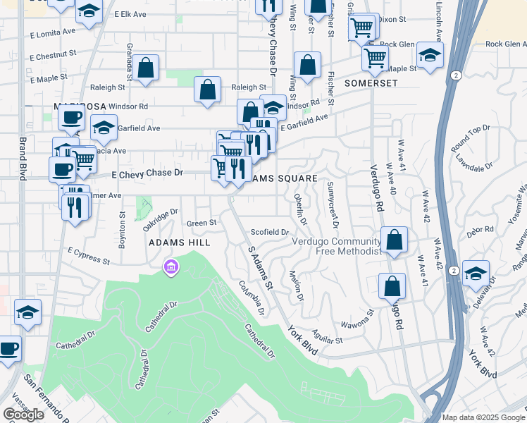 map of restaurants, bars, coffee shops, grocery stores, and more near 1126 East Palmer Avenue in Glendale