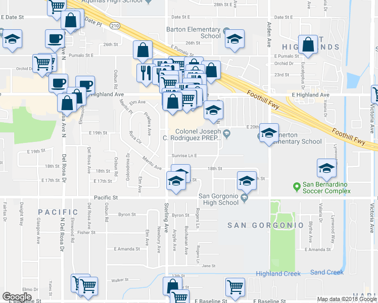 map of restaurants, bars, coffee shops, grocery stores, and more near 2095 East 19th Street in San Bernardino
