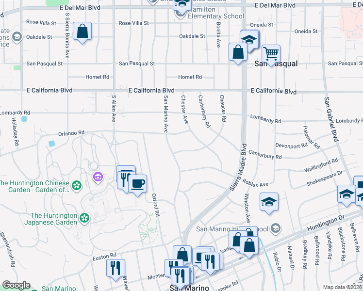 map of restaurants, bars, coffee shops, grocery stores, and more near 2210 Orlando Road in San Marino