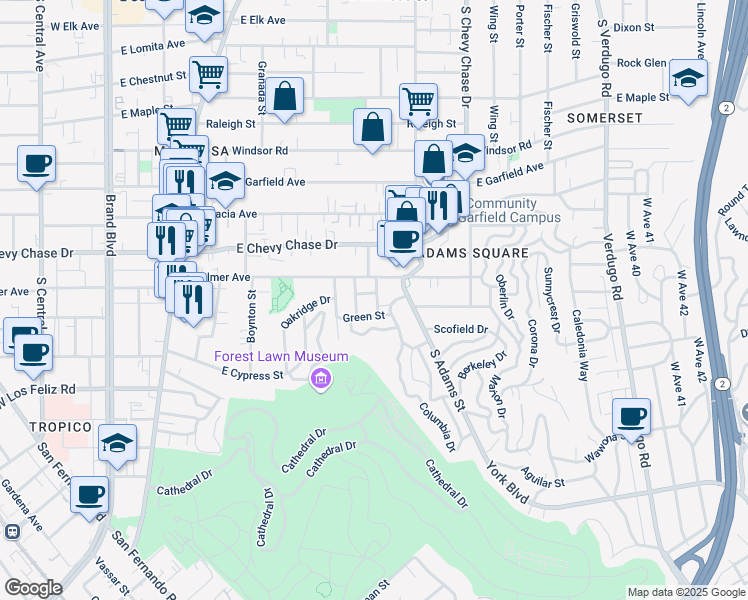 map of restaurants, bars, coffee shops, grocery stores, and more near 1109 Green Street in Glendale