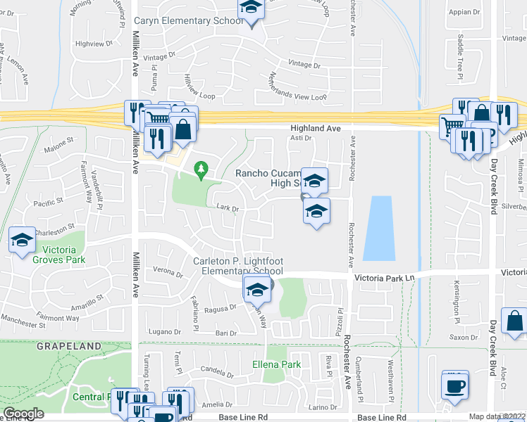 map of restaurants, bars, coffee shops, grocery stores, and more near 6701 Marsala Place in Rancho Cucamonga