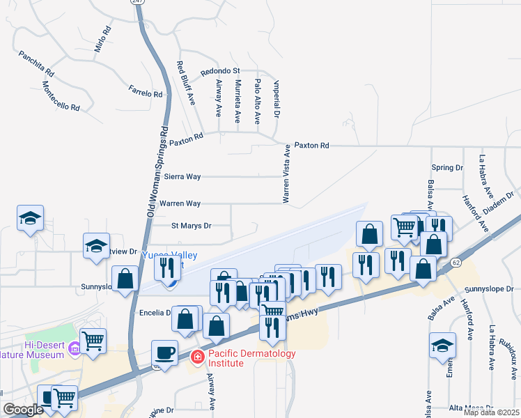 map of restaurants, bars, coffee shops, grocery stores, and more near 57631 Warren Way in Yucca Valley