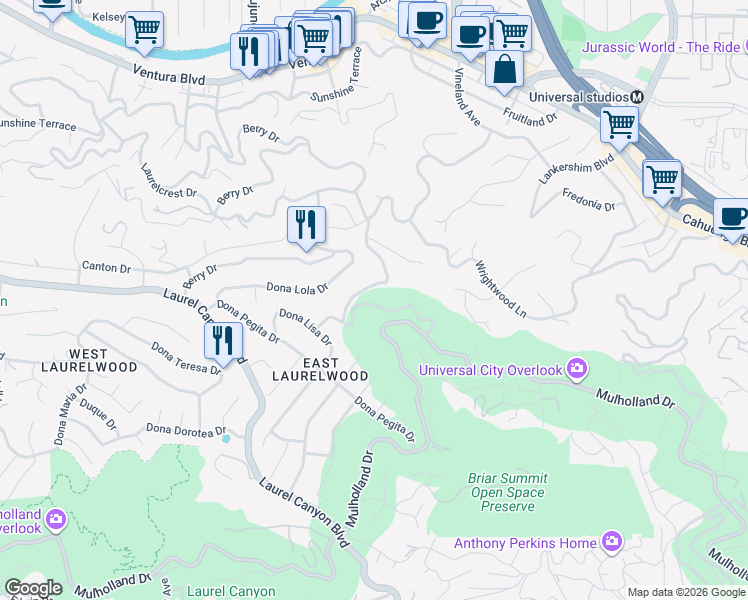 map of restaurants, bars, coffee shops, grocery stores, and more near 3268 Wrightwood Drive in Los Angeles