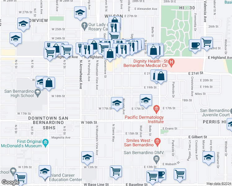 map of restaurants, bars, coffee shops, grocery stores, and more near 1825 North Sierra Way in San Bernardino
